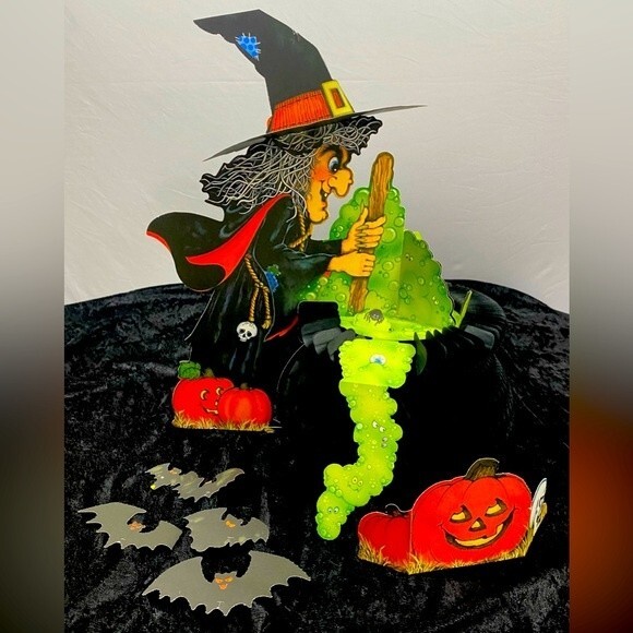 Vtg Halloween Witch Watch Centerpiece Honeycomb Bats Pumpkin Ambassador Hallmark - Picture 2 of 9